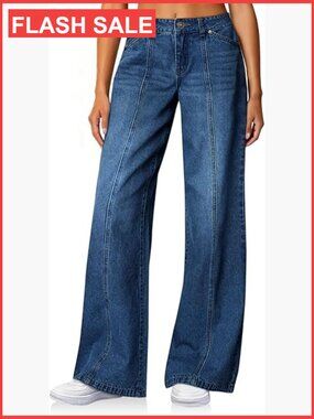 Womens Wide Leg Jeans High Waisted Baggy Stretchy Front Seam Denim Pants with